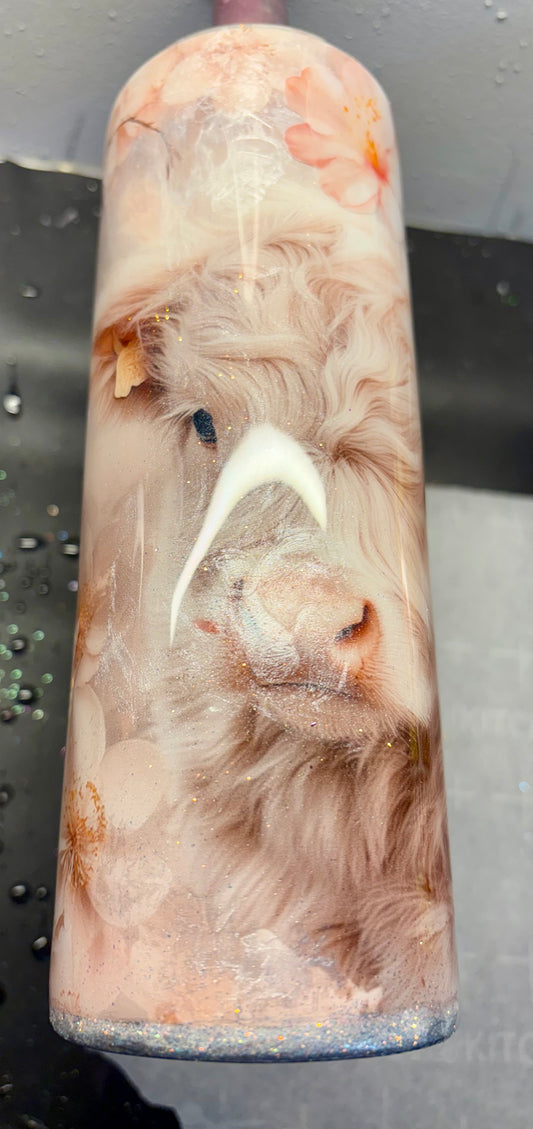 20 oz stainless steel tumbler with handle and adorable highland cow vinyl print with flowers